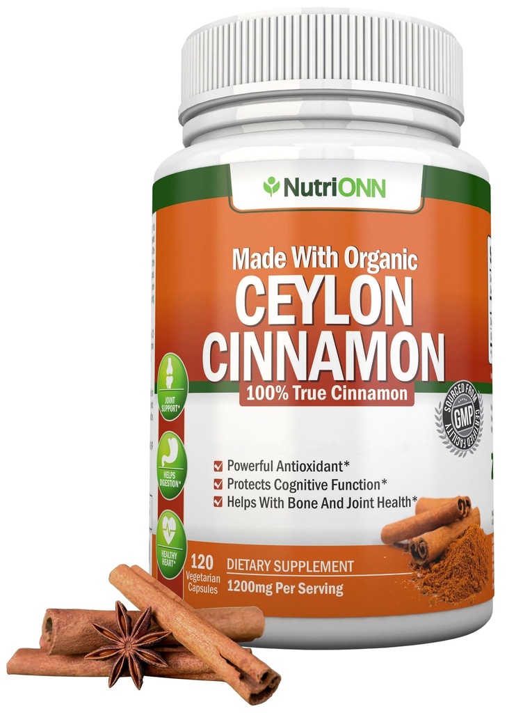 有机锡兰锡桂1200 mg → 120 Vegan Capsules → True Cinnamomum verum from Sria → 非GMO,第三方实验室测试,低库马林,GMP认证