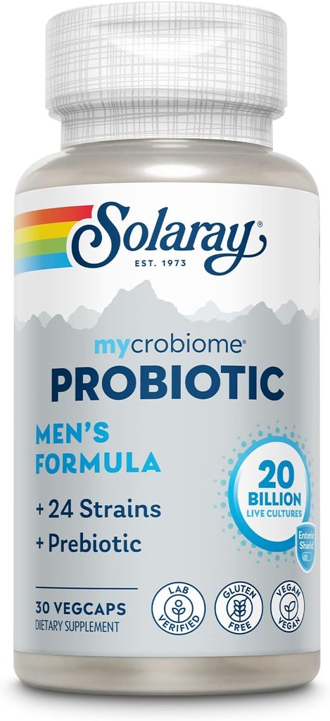 SOLARAY Mycrobiome Probiotic Men的配方、男性的配方、Gut健康、文摘、Imune功能和更多、20亿CFU Mens Probiotic、24 Strains Plus Prebiotic、30名服务员、30名Veg Caps