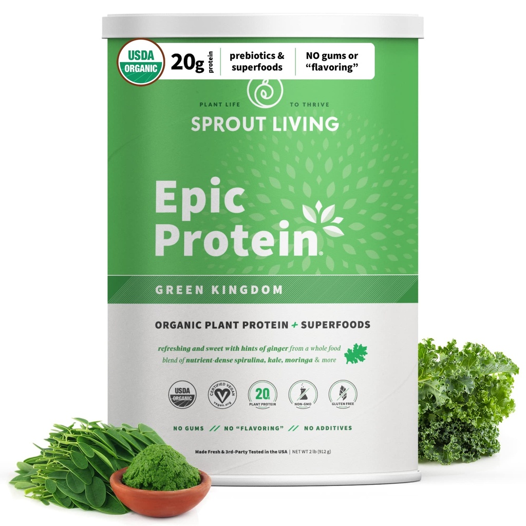 Sprout Living Epic protein, Plant 基于蛋白和超级食品粉,绿王国 20克有机蛋白粉, Greens, Vegan, Non Dairy, Non-GMO, Gluten Free, Low Sugar (2英镑, 24枚)