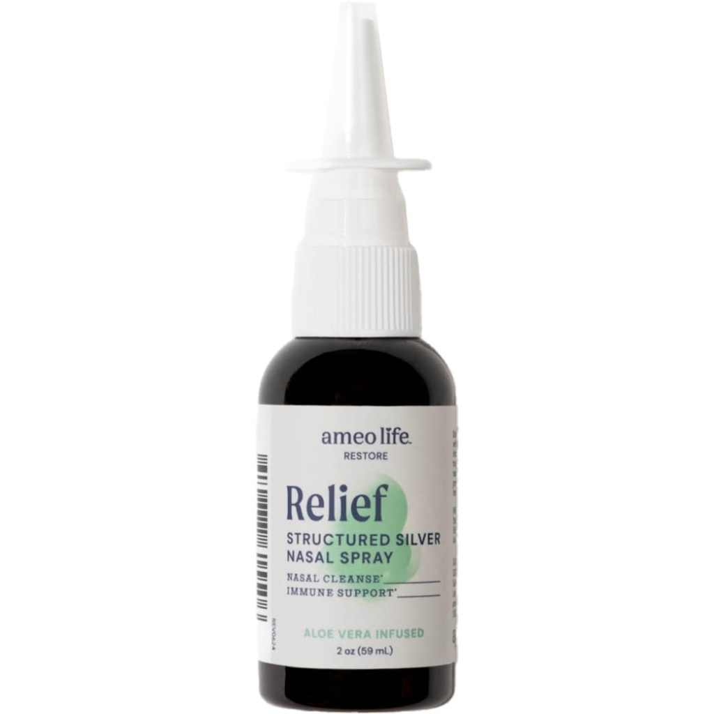 Ameo Life Aloe- Infused Coloidal Silver Nasal Spray 24 PPM - 鼻喷与天然成份,用于缓解鼻塞、阴道摄入、Mucus、和刺激-供日常使用(2 oz)