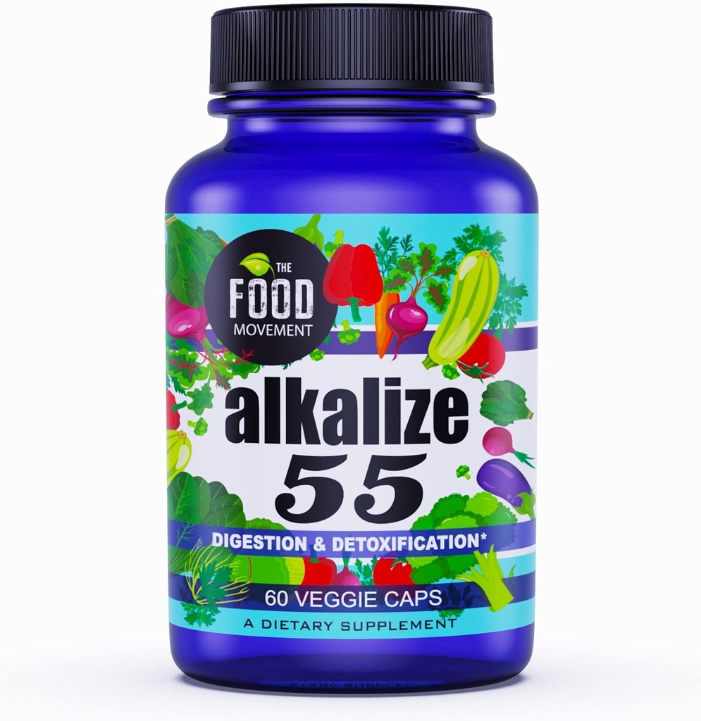 食品运动 - Alkalize 55 55 发酵食品 黑土 Humic Fulvic Trace Minerals, Electrolytes, pH平衡, Immune Boosting, Vegan - 60 Veggie caps
