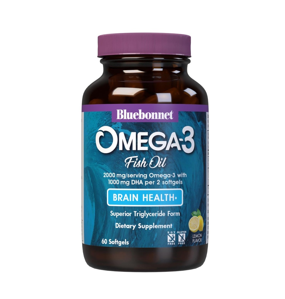 Bluebonnet 营养 Omega-3 大脑公式 自然野生 捕捉 Triglyceride Form DHA 860 mg EPA 120 mg - 高度集中的认知健康与健康支持补充 - Gluten-Free - 60 Softgels