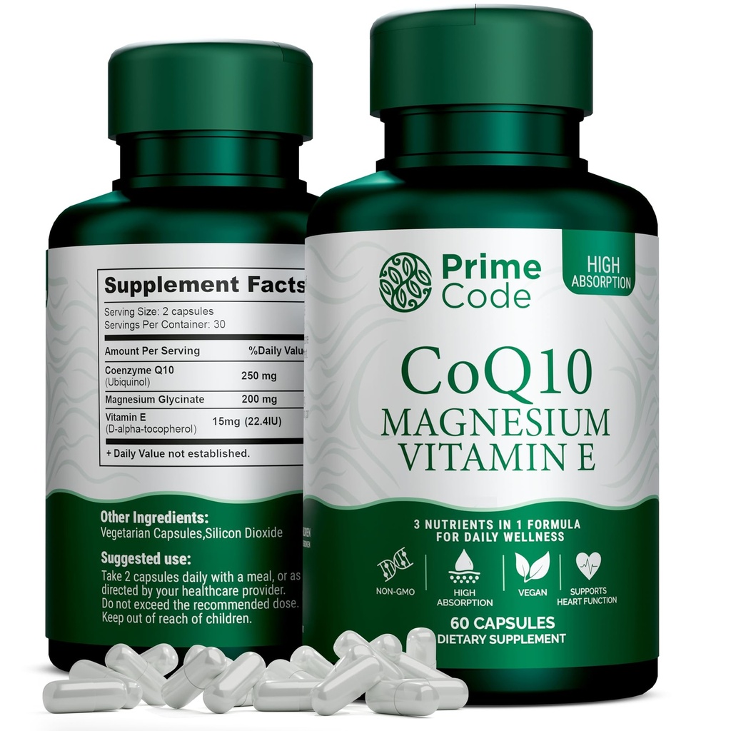 主码 [3 in 1] CoQ10 250mg 与甘油镁和维生素 E → CoQ10 缩写 250mg → 甘油镁 200mg → 维生素 E 15mg → Non-GMO → Gluten & Soy Free → Vegan