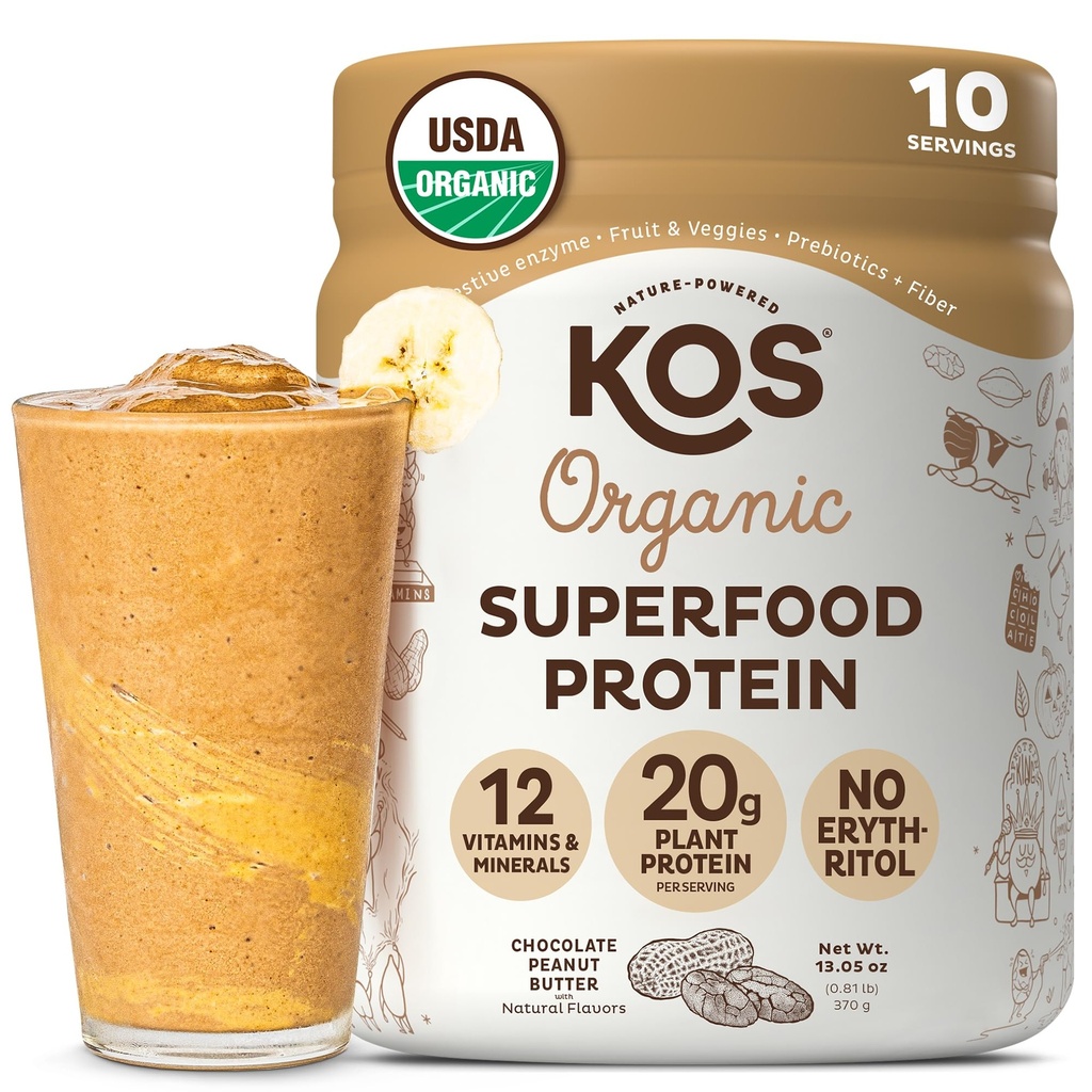 KOS Vegan 蛋白粉 巧克力花生酱 - 低碳皮蛋白混合剂 USDA 含有维生素和矿物的有机超级食品 - Keto, Soy,乳品免费 - 妇女和男子的食品替代 - 10种服务