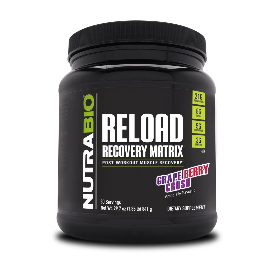 NutraBio 重装 - 强大的肌肉恢复公式 - 工作后补充剂 - 3G Creatine - 8G BCAAs - 5G Glutamine - 30 services, Grape Berry Crush