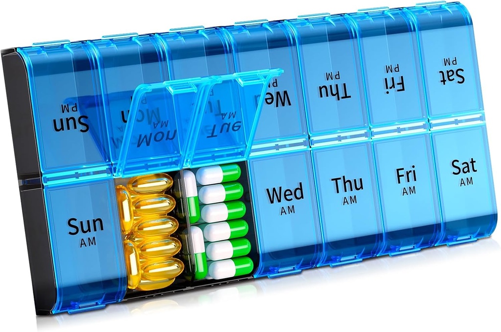 XL 大周药丸组织者 2 Times a Day, Extra Big 7 Day药丸盒 Am Pm, Daily Pill case Medicine Organization of 14 Competition, 鱼油的日夜药丸容器,维生素, 补编