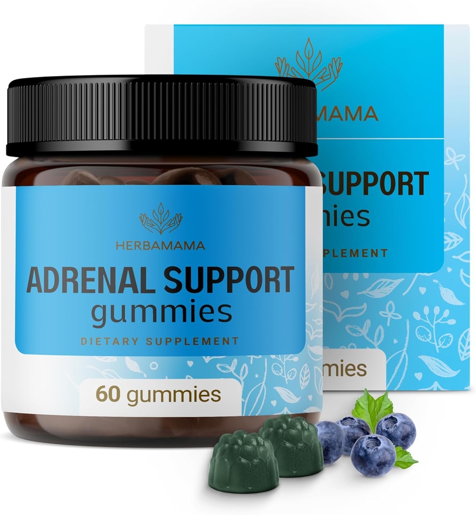 HERBAMAMA 肾上腺支持Gummys - 纯肾上腺复合物 配有 Ashwagandha Root, Rhodiola Rosea & Magnesium - Vegan, Non-GMO - 60 Pectin-Blueberry-Flavored Chews 的妇女补充剂