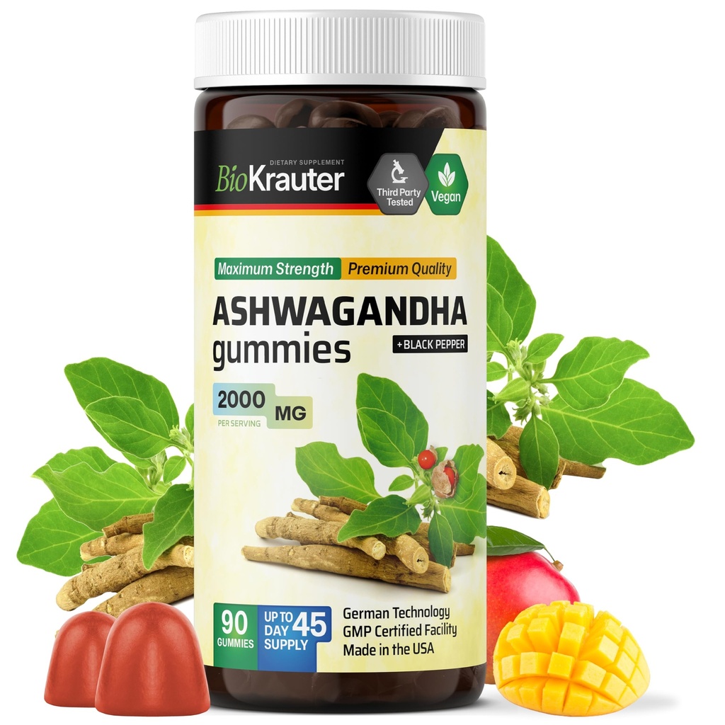 BIO KRAUTER Ashwagandha Gummys for Women and Men - 2000 mg 力量 - 90 Chews for Mood Support - Chewable Ashwagandha 补充品 - Vegan - 芒果火焰
