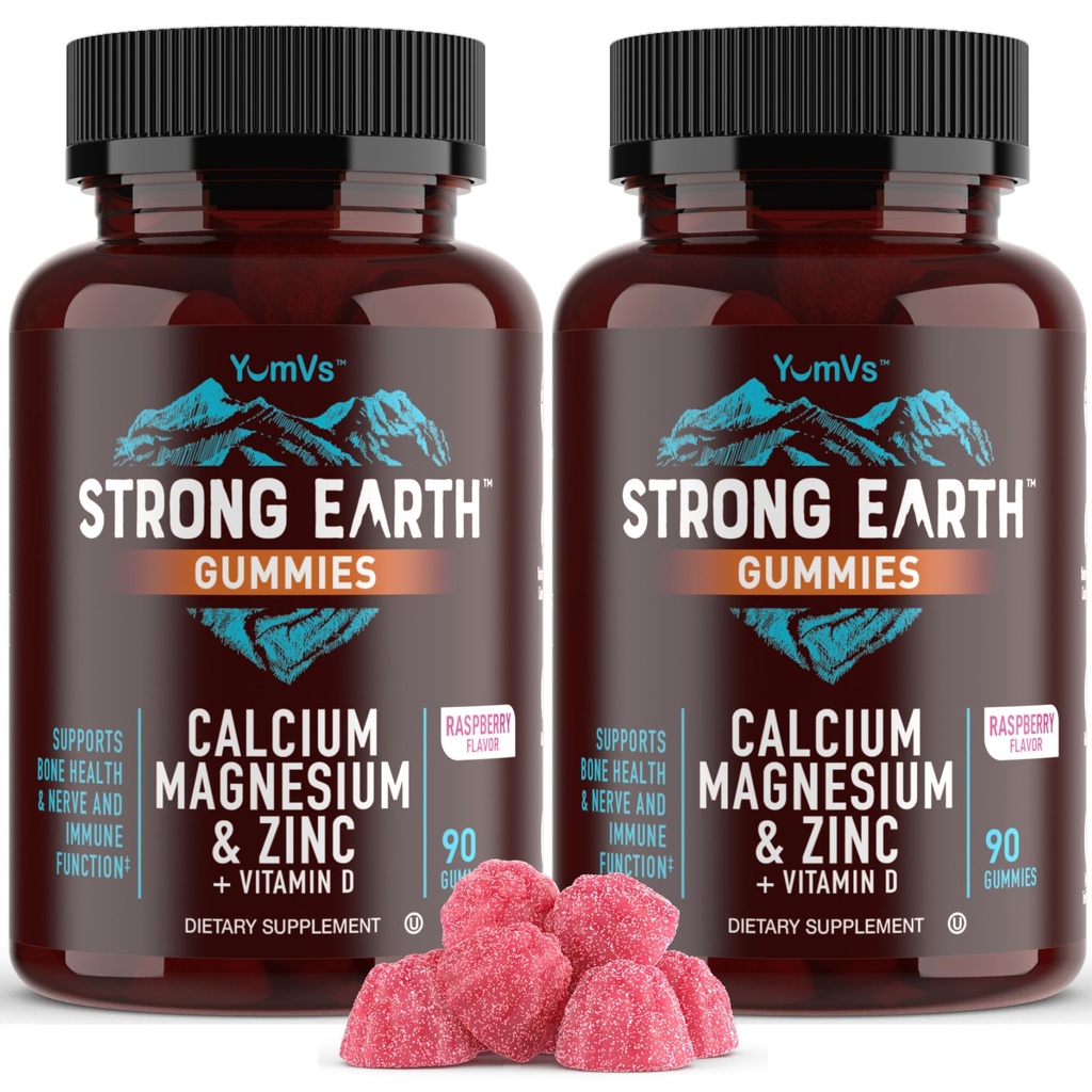 YUM-V's Calcium, Magnesium, Zinc & Vitamin D Gummys, Cal Mag Chewable 补充, Vegetarian Kosher Halal 天然Raspberry Flavor Gummys for 成年女性和男性 - 90 counter (Pack of 2).