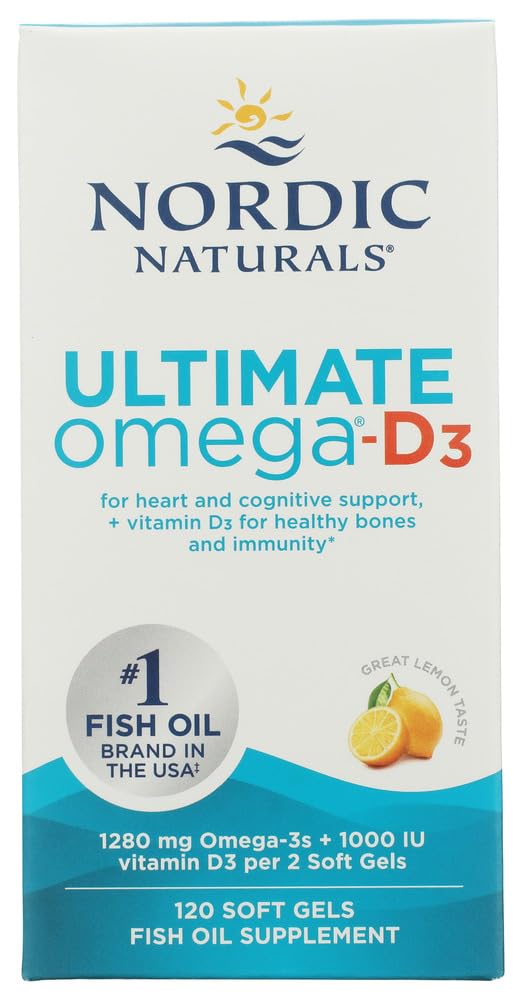 北欧自然学 终极奥米加-D3,柠檬火焰 - 120 软宝石 - 1280 mg Omega-3 + 1000 IU 维生素 D3 - EPA & DHA - 促进脑,心脏,和免疫健康 - 60 服务