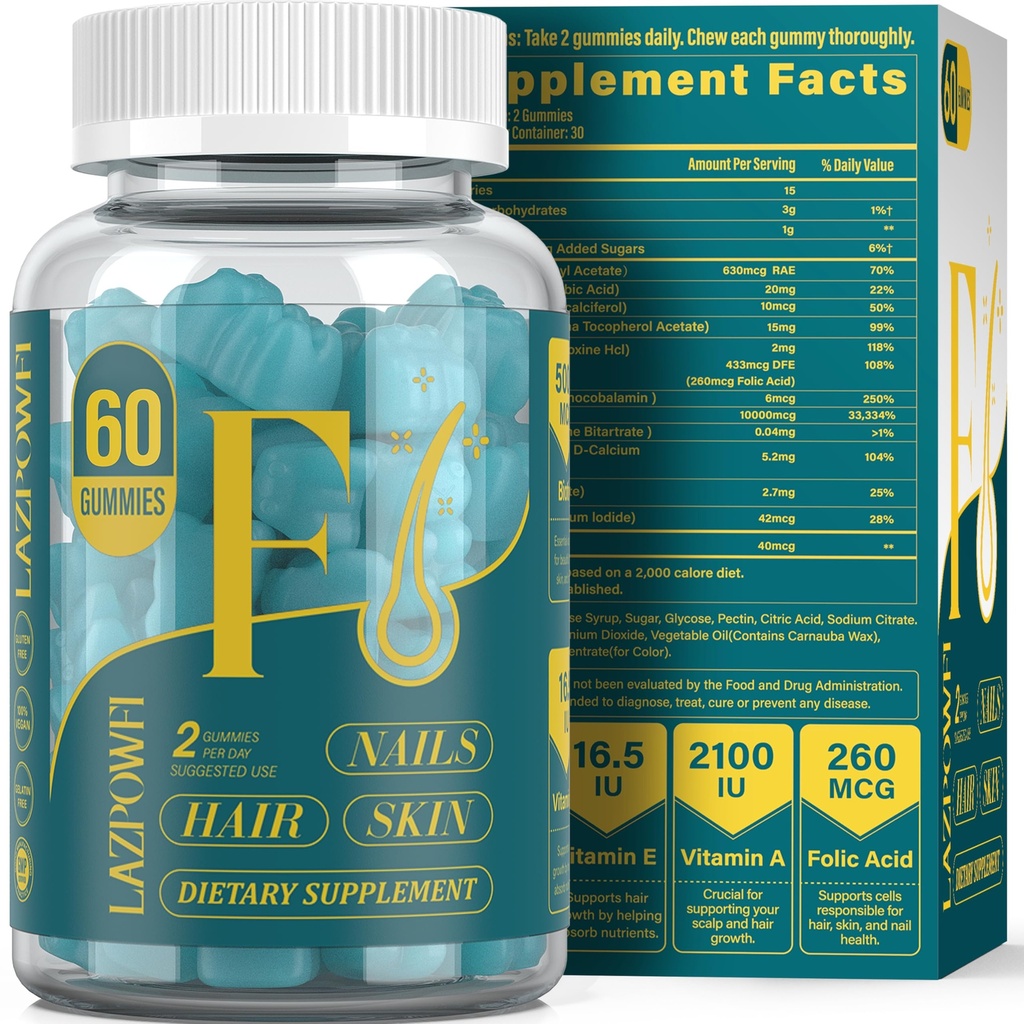 Biotin Gummys-Hair Skins和Nails Vitamins for Men & Women, Vegan Vitamin B7,支持头发生长和坚固的Nails,30日供应-蓝莓-60计数.