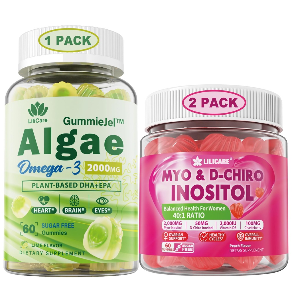 LILICARE 套装: Vegen Omega 3 补充 Gummys & Inositol Gummys 理想 40:1 比例 Myo & D-Chiro Inositol