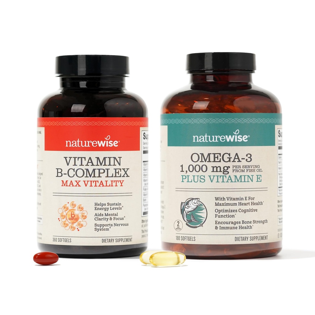 NatureWise Vitamin B Complex 360 Softgels & Omega 3 Fish Oil 180ct for Energy, Heart, Brain, Immune and Vision Support (原始内容存档于2018-03) (英语).