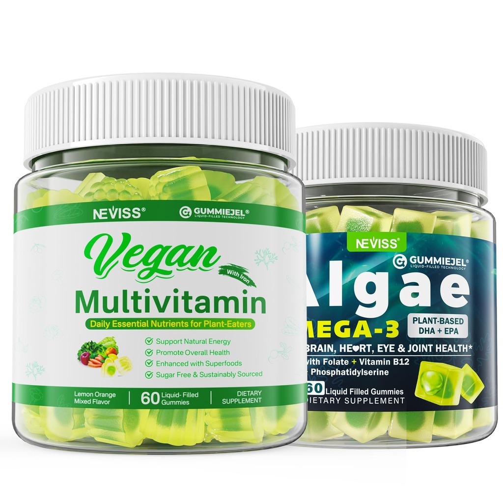 Vegen Omega 3 Gummys 1000mg 配有Vegen Multivitamin 配有铁,维生素B12,A,D3,K2,藻类Omega 3,镁,锌