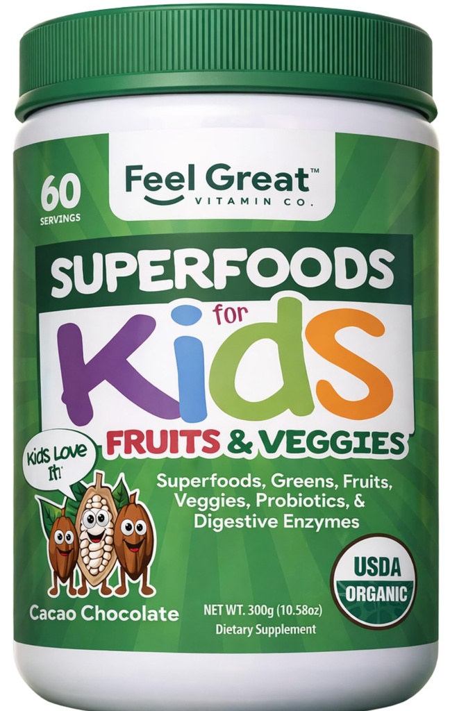 Feel Great USDA Official Super Greens Powder for Kids - Cocao 巧克力 QQ水果和蔬菜 Superfood Powder 配有抗生素和消化酶的超级食品 用于消化健康 60天供应