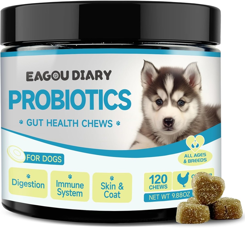 Eagou Diary Probiotics for Dogs - Dog Probiotics for Decemberive Health, Gut Health Supplements with Prebiotics, Goat Milk, Omega 3,维他命,Chews for Canine 腹泻,胃,气体救济 - 120 Ct
