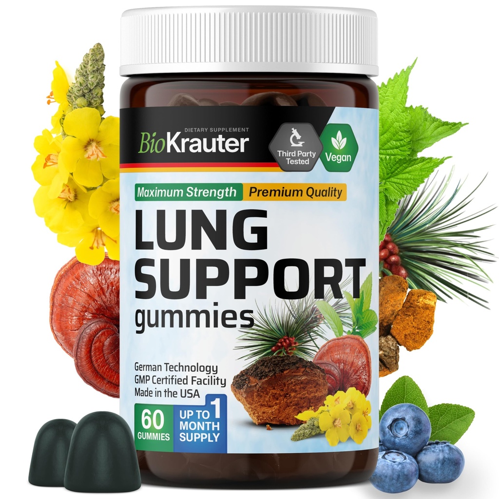 BIO KRAUTER 肺解毒胶 - 60 Vegan Chews - 肺清洁剂补充 W/维生素 C & Mullein Leaf Blend - 呼吸支持
