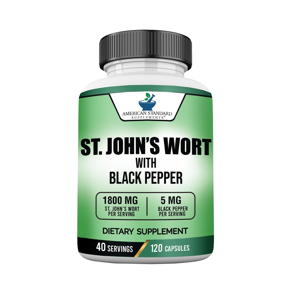 美国标准补编:St. John Wort 1800mg 用黑辣椒水果提取剂服务-Vegan、Gluten Free、N-GMO、120 Capsules、40个服务