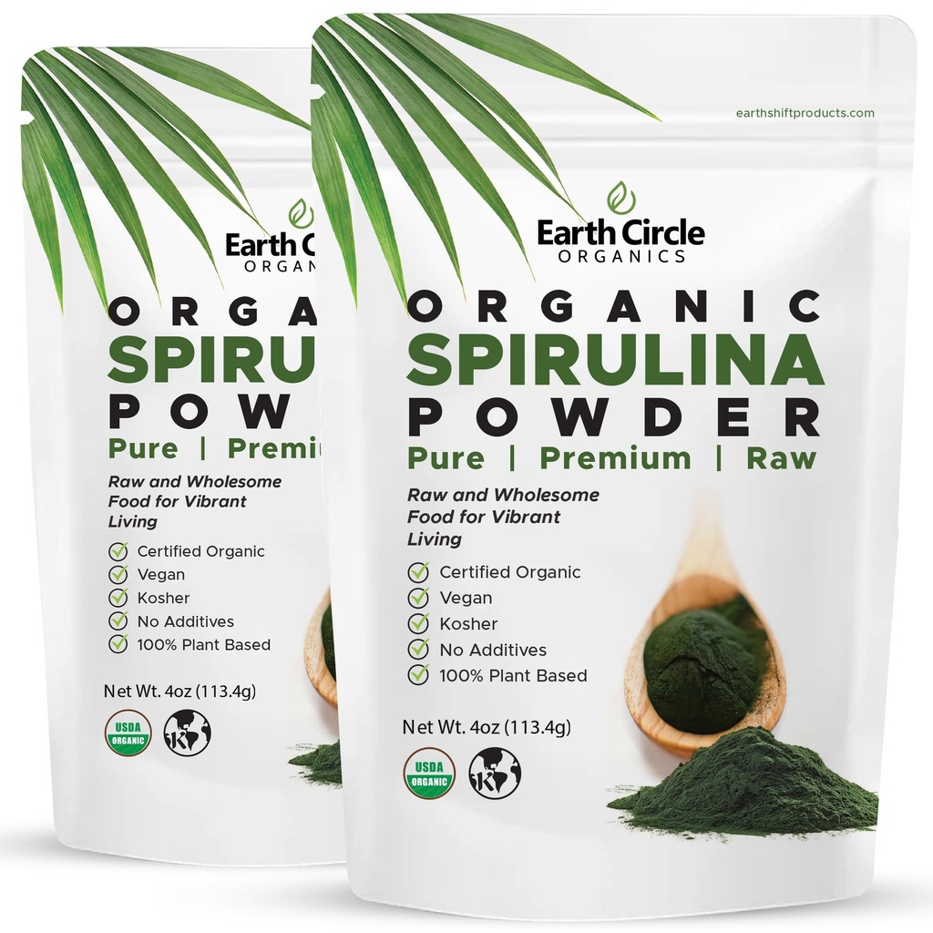 土圈有机物 Spirulina粉、Kosher、Raw和无辐照的 |纯 Vegan蛋白 | Premium Superfood, 氨基酸和抗氧化剂高 - 4 Ounce(2包)