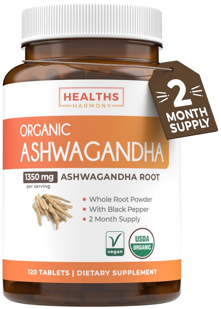 USDA Organical Ashwagandha Supplement - 用有机黑辣椒制成用于强化吸收的药丸 - Vegan Non-GMO 在美国和实验室验证(2个月供应)