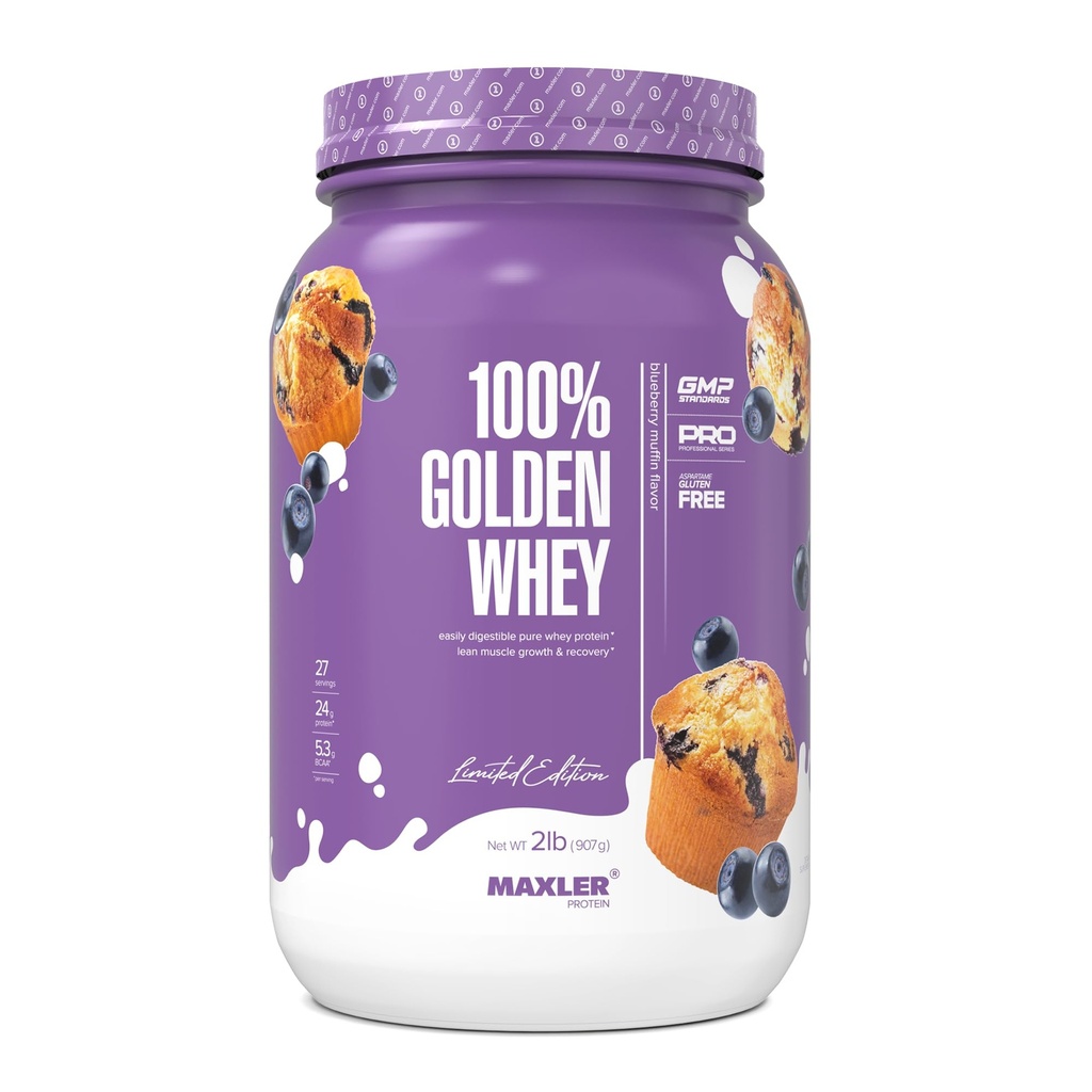 Maxler 100% Golden Whey蛋白 - 每服24g蛋白 - Premium Whey蛋白粉用于前期工作 - Fast-Absorbing Whey Community, Isolate & Hydrolysate Blend - Blueberry Maffin 2 lb
