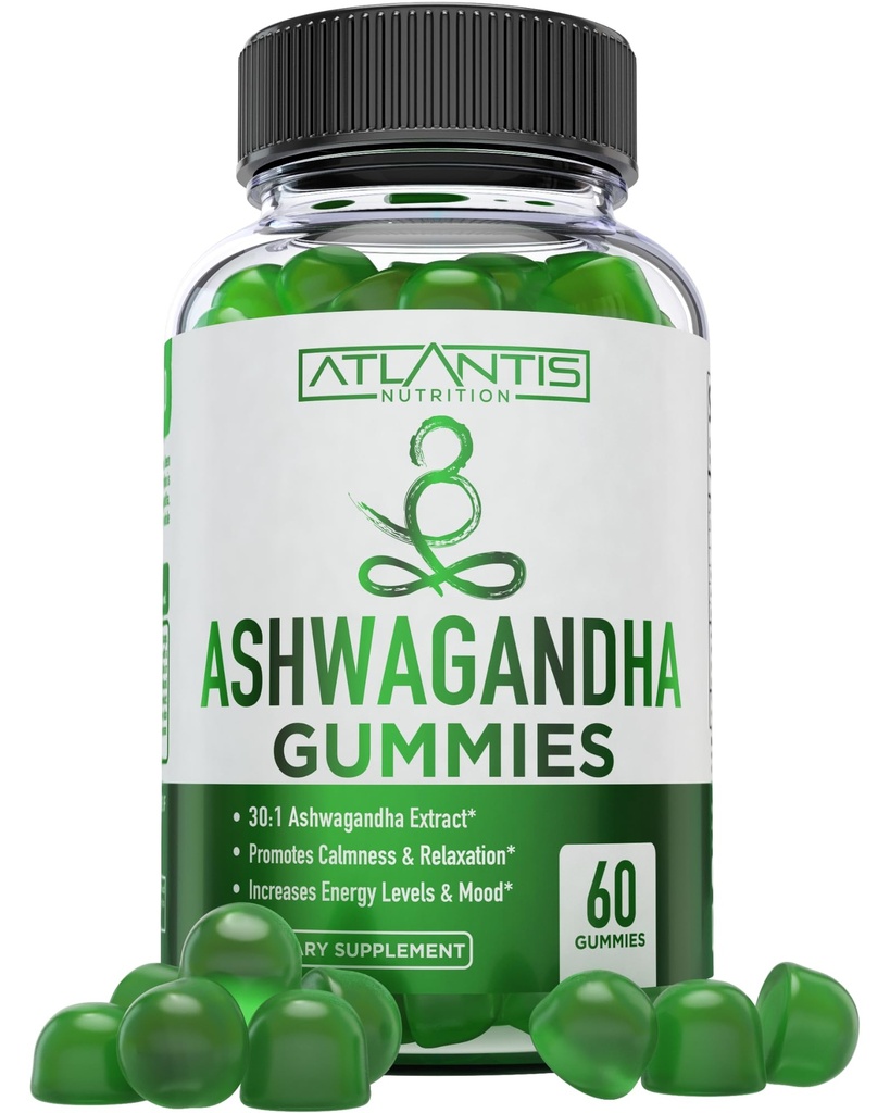 亚特兰蒂斯营养 Ashwagandha Gummys - 1500 MG Pervice - 促进平静,改善Mood,Boosts能量水平和加强免疫系统 - 由维生素D & Zinc - Vegan - QQ 60 Count制定