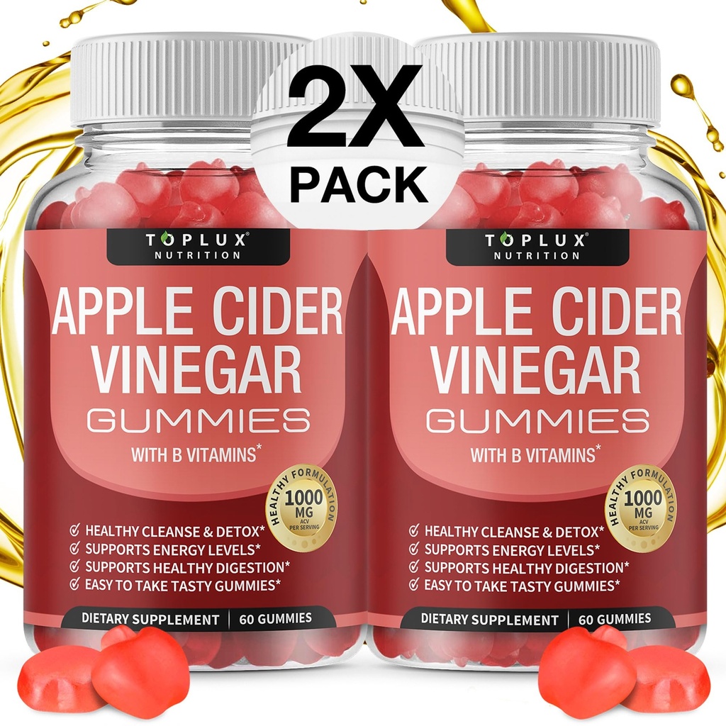 Toplux Apple Cider Vinegar Gummys - 1000mg ACV,配有B12,Bet Root,石榴为Imune系统,Detox & Cleanse,苹果苹果Cider Vinegar Capsules的Gummy替代品,适用于男性女性 2X Pack