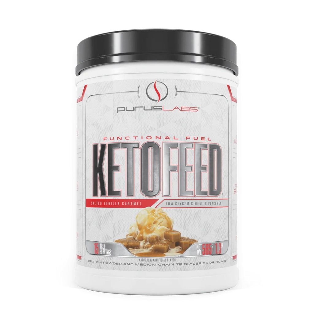 Purus Labs KetoFeed蛋白 → Keto Low Glycemic蛋白蛋白 Meal 替换 → 低卡布, 0 糖 → 添加 MCTs → 20g Whey 蛋白 (Salted Vanilla Caramel)