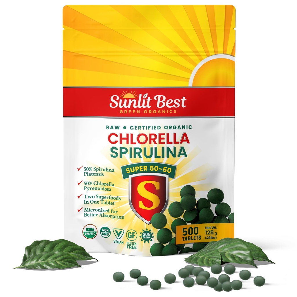Sunlit Super 50/50 有机氯ella Spirulina 片剂 - 免疫支持, Gut健康, Mood & Energy - 富含氯phy,氨基酸和Vegan蛋白,500 超级食品标签