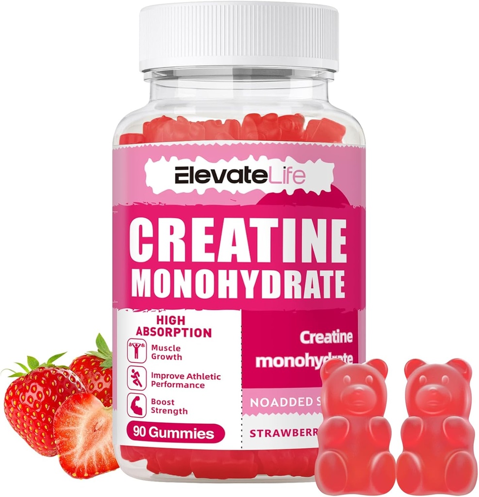 ElevateLife Creatine Monohydrate Gummys 5000mg for Men & Women, Chewables Creatine Monohydrate for Muscle Force, Muscle Builder, Energy Boost, 预工作补充(90个计数)-草莓