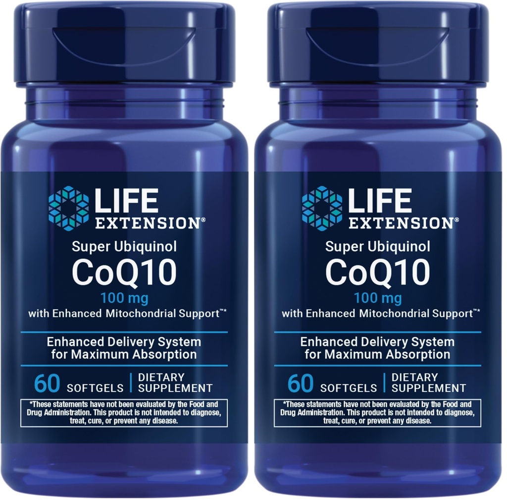 寿命延长 Super Ubiquinol CoQ10 配有增强的Mitochondrial支持,Potent Heart Health & Cellular Energy Production Support,Ultra-Absoble,Gluten-Free,N-GMO,100 mg,60软胶(2包)