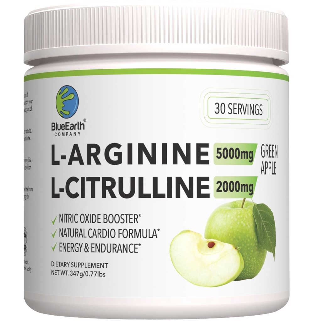 L-Arginine 5000mg + L-Citrulline 2000mg 复合粉末补充饮料混合剂 - 用于心脏健康,血液流动和能量的氮氧化物促进剂 - 30 services (绿色苹果)