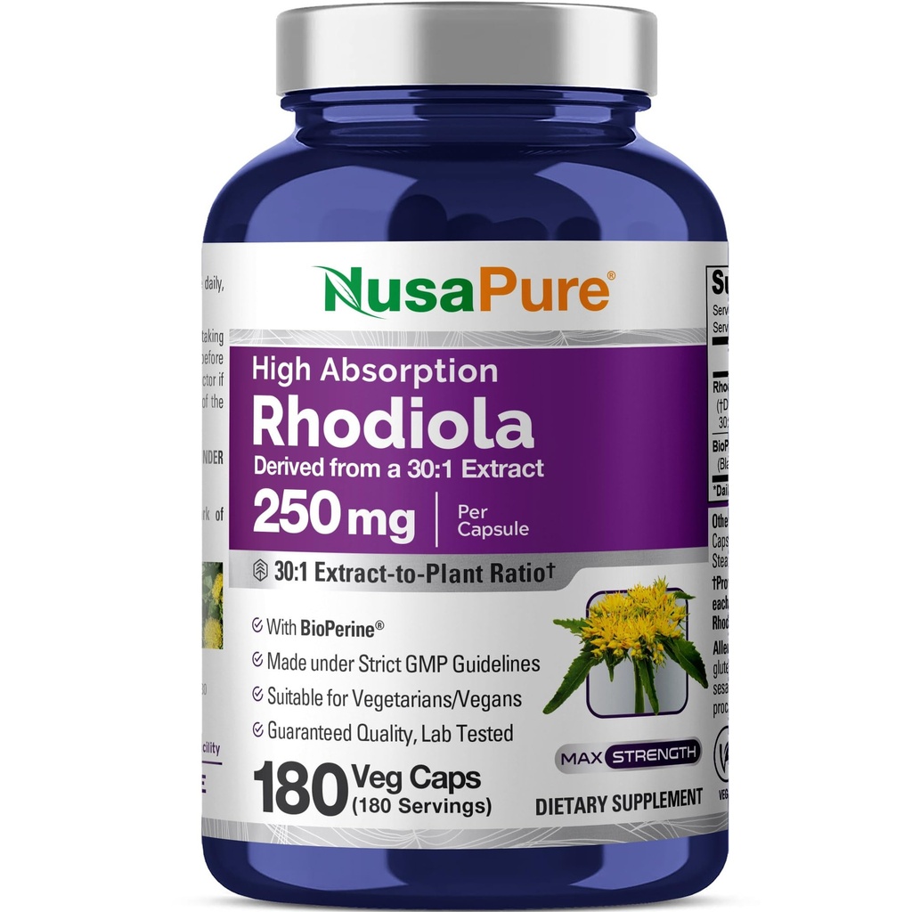 NusaPure Rhodiola Rosea 7,500mg 180 Veggie Capsules(非GMO,摘录30:1,Vegan & Gluten-Free) Bioperine