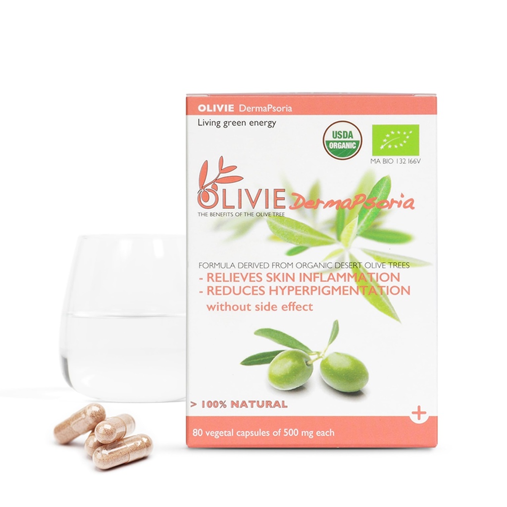 OLIVIE 的《有机橄榄叶提取补编》,《DermaPsoria》,《Psoriasis、Eczema、Hyperpigmentation》,《橄榄油胶囊》,《抗氧化多酚》,《80种蔬菜胶囊》