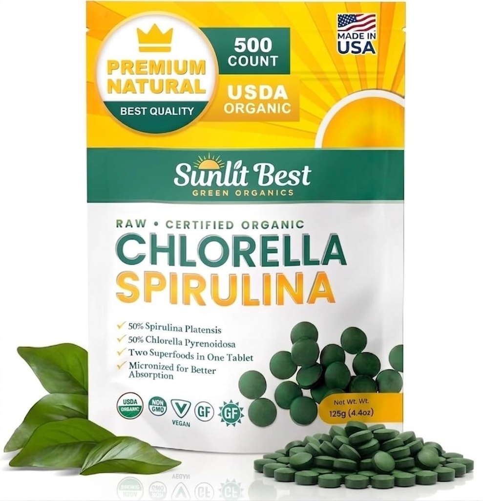 Sunlit Best Chlorella Spirulina 药片 - 有机USDA, Spirulinas 和 Chlorella Capsules 500 Pills - 含有 Spirulina Algae 的 氯拉 天然超级食品, Ezymes Chlorophyl 和 Vegan蛋白