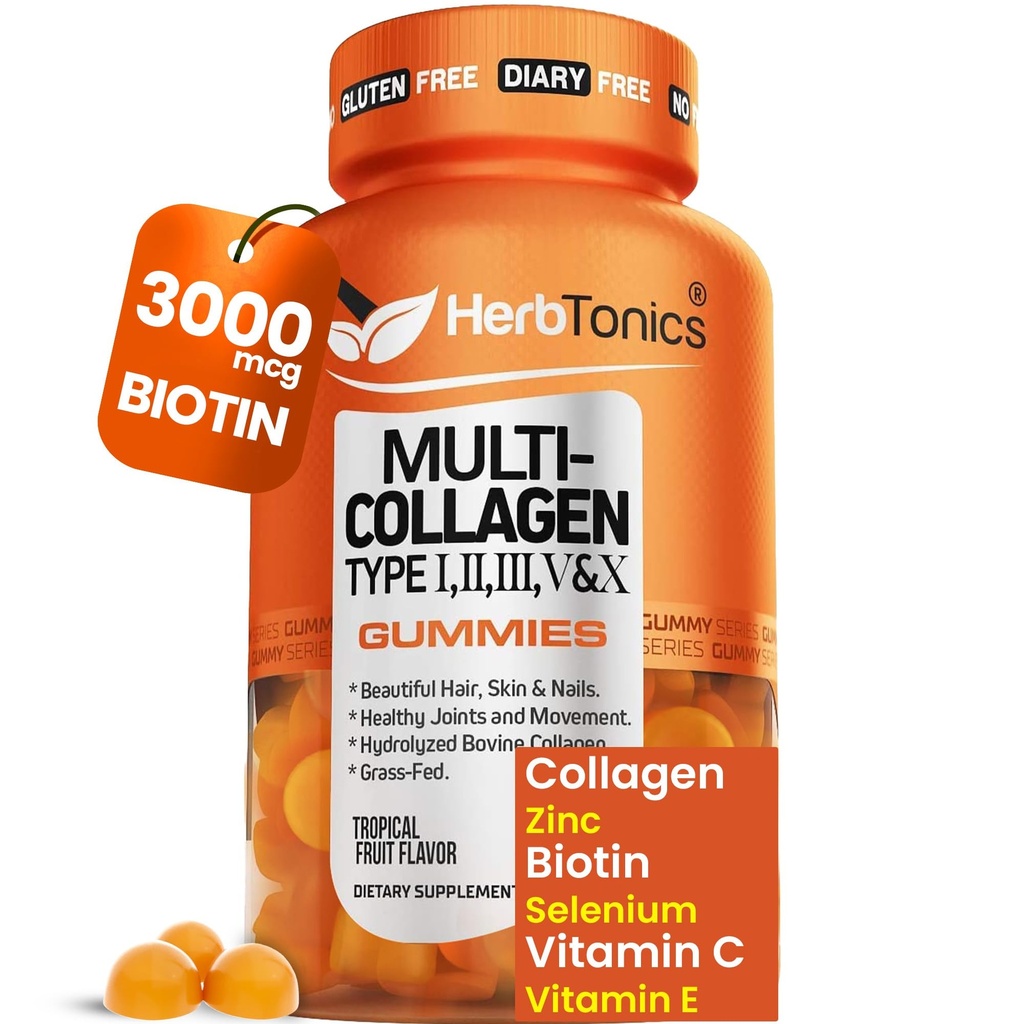 草原多科拉根 含有Biotin & Vitamin C,水解Collagen Peptides 类型 I, II, III, V, X 用于毛发,皮肤, Nails, & Bone 支持 - 热带Flavor, 60 Gummys