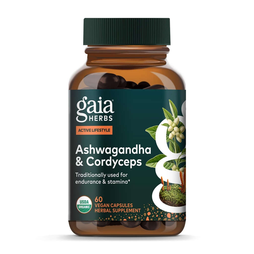 Gaia Herbs 适应性活性蘑菇和草药 -- -- 帮助维持耐力和耐力的能源支助补充剂* -- -- 包含 Cordyceps 和 Ashwagandha -- -- 60 Organ Capsules(30天供应)