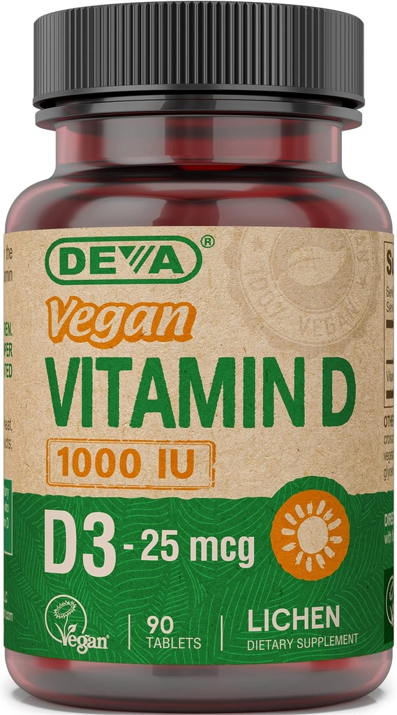 DEVA Vegan Vitamin D3 补充 - 配有1000 IU的一次日间食片 - Cholecalciferol - Lichen Plant 衍生 - 90 小片
