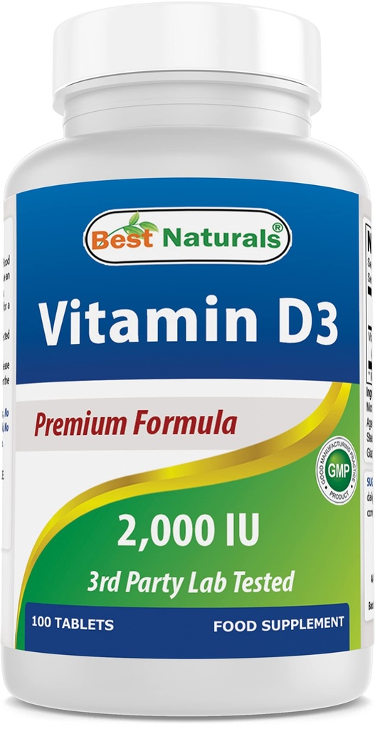Best Naturals Vitamin D3 2000 IU(50 mcg) - 100块平板电脑 - 100天供应 - 帮助支持免疫健康,强骨和牙齿,和肌肉功能(100个计数(1包))