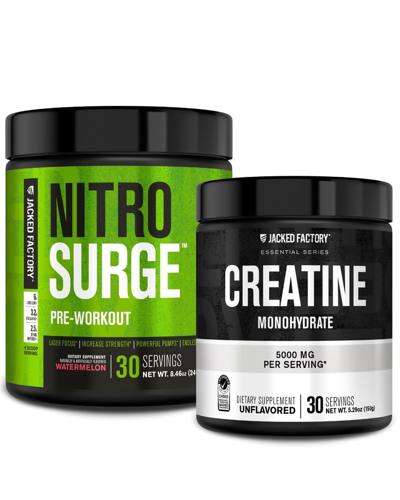 Jacked Factory NITROSURGE 工作前补充剂 -- -- 强化泵(30架,西瓜)和用于肌肉生长的克里塔丁单水合物粉(30架,无味)
