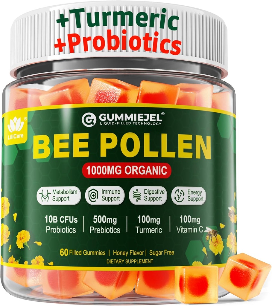 消化健康与体重 蜜蜂波伦有机1000mg, w/Probiotics, Prebiotics & Turmeric, Bee Pollen Gummys Rich in B-Vitamin,抗氧化剂,氨基酸,用于消化,重量与能源