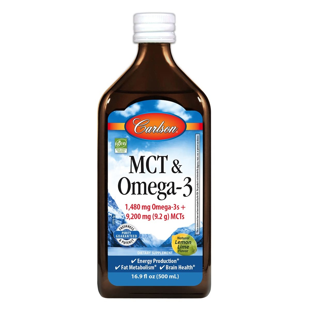 Carlson - MCT & Omega-3, 1480 mg Omega-3s, 9200 mCTs, Keto-Friendly, Caprylic & Capric Acids, Energy Production, Fat Metabolism, Lemon-Lime, 500 mL (16.9 Fl Oz) (中文(简体) ).