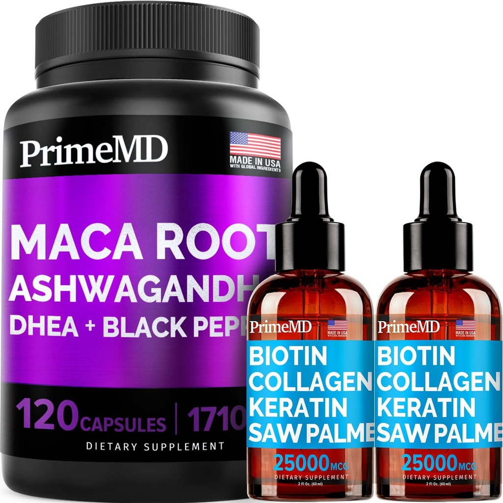4-in-1 液态生物素 Collagen Keratin Saw Palmetto Drops (2 fl oz - 2 Pack) & 6-in-1 Maca Root Ashwagandha w Black Pepper Fruit (120cm) Bundle - 头发,皮肤,钉子,能量和Mood 支持补编