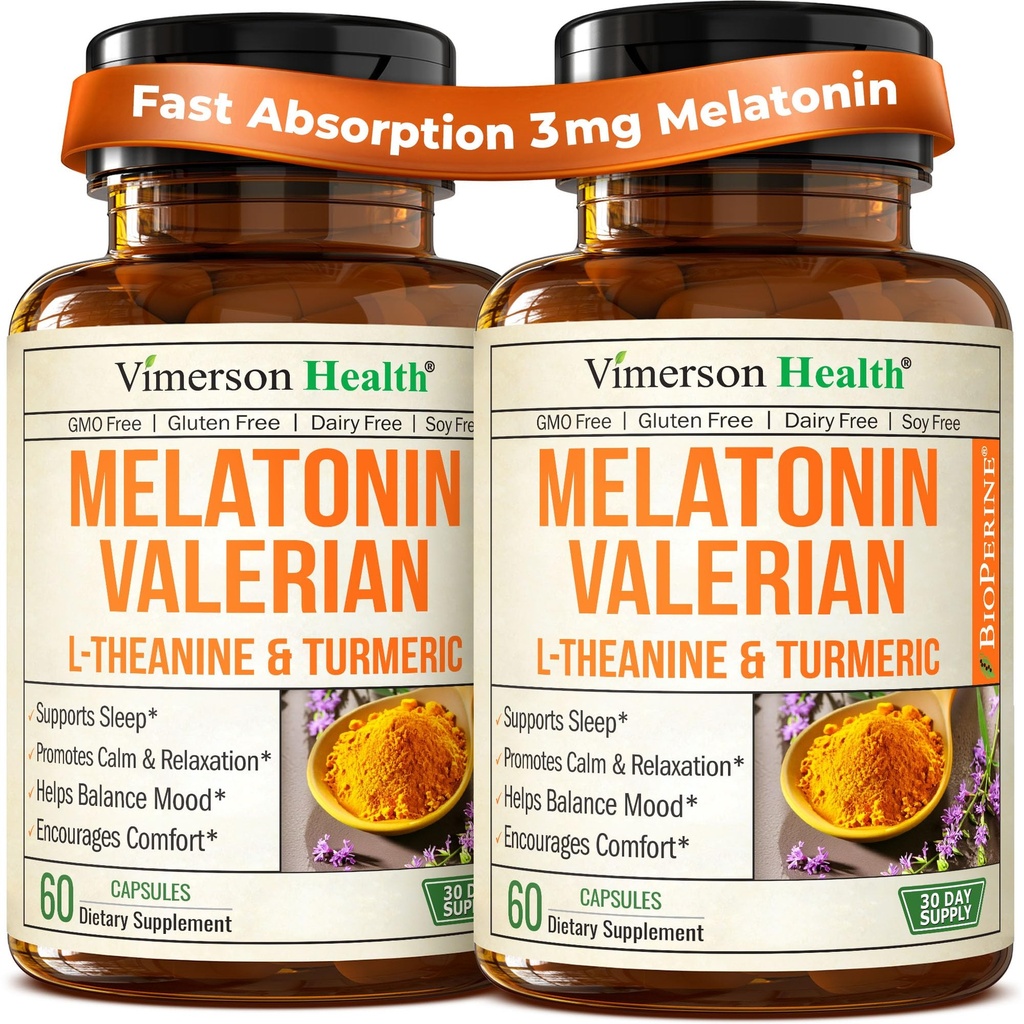 Melatonin睡眠援助与L Theanine & Valerian Root – Turmeric 补编 – Turmeric Curcumin 与 Ginger & Black Pepper – L- Theanine & Melatonin 3mg 用于睡眠、冷静和压力缓解 – 2 Pack