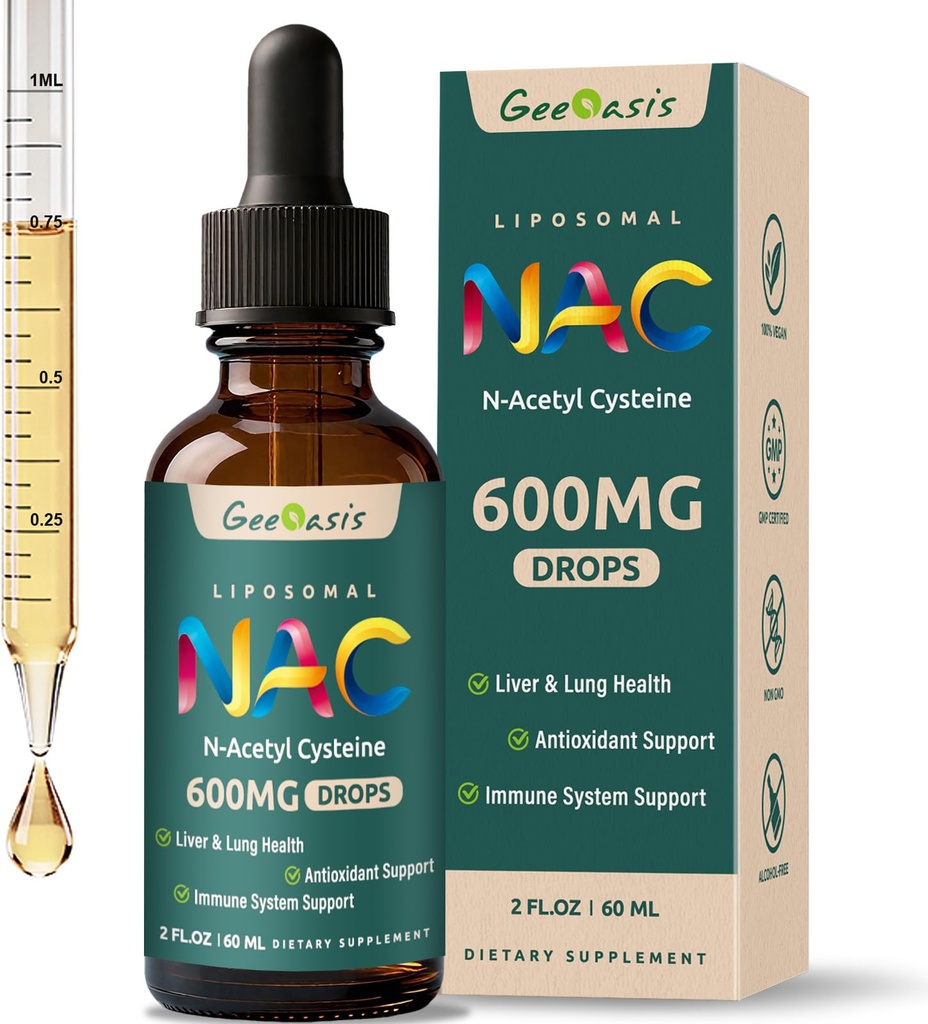 Liposomal 液态 NAC 补充 N-乙酰基 Cysteine Drops, N 乙酰基 Cysteine 600 mg 与 Quercetin & Zinc 用于成人和孩子,肝脏和肺部支持,抗氧化剂,Immune & Skin Health, 2 Fl Oz