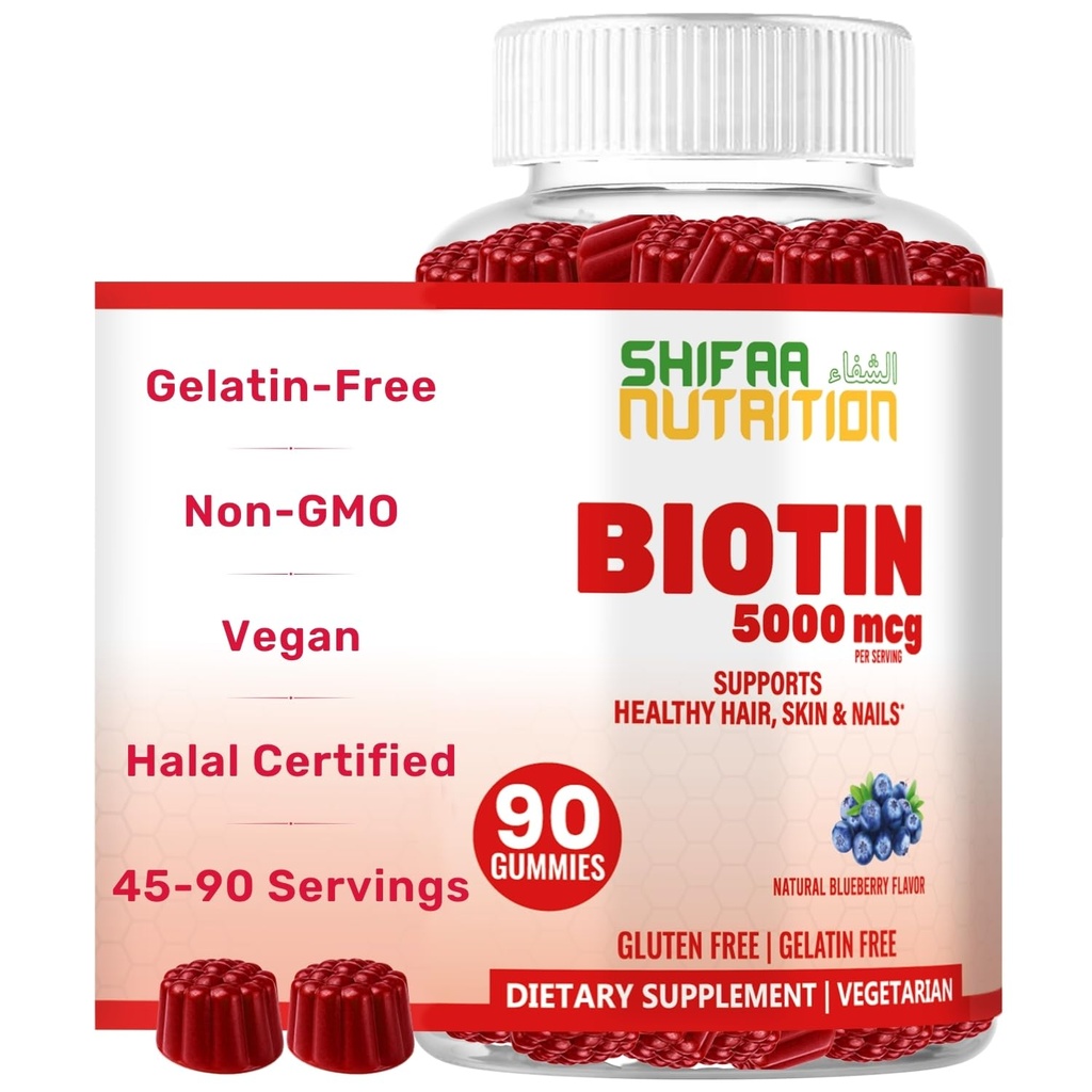 SHIFAA 成人和孩子的营养素 维冈生物素 Gummys 90 Gummys 5000 mcg 45 服务于非GMO Gluten, Gelatin,花生,蛋和乳品 免费的蛋和乳品 毛发生物素 Gummy Vitamins for hair, Skin and Nails Halal