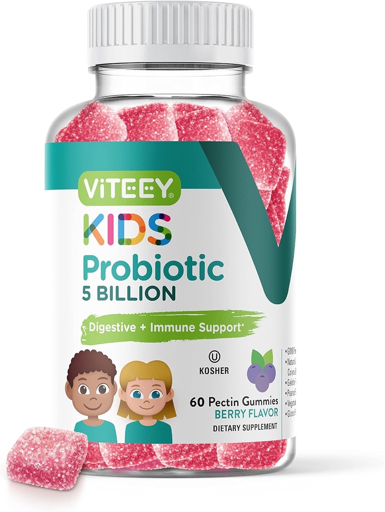 儿童Vitey Probiotic Gummys - 5亿 CMUs - Probiotics 儿童便秘救济,自然免疫和消化健康支持 - 蔬菜, Gelatin Free, GMO Free - Tasty Berry Flavoried Gummy
