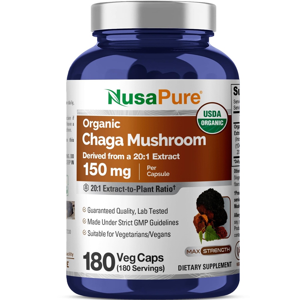 NusaPure Chaga蘑菇 20:1 提取物,每只Veggie Capsule150毫克至3 000毫克,180 计数,USDA有机物,Vegan,非GMO