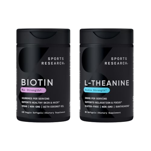 体育研究 Vegan Biotin 10,000 mcg 配有 Coconut Oil 最大强维他命 B7 120 软胶(4个月供应)和双强L-Thenine 补充 聚焦,放松和警觉 200 mg 60 计数