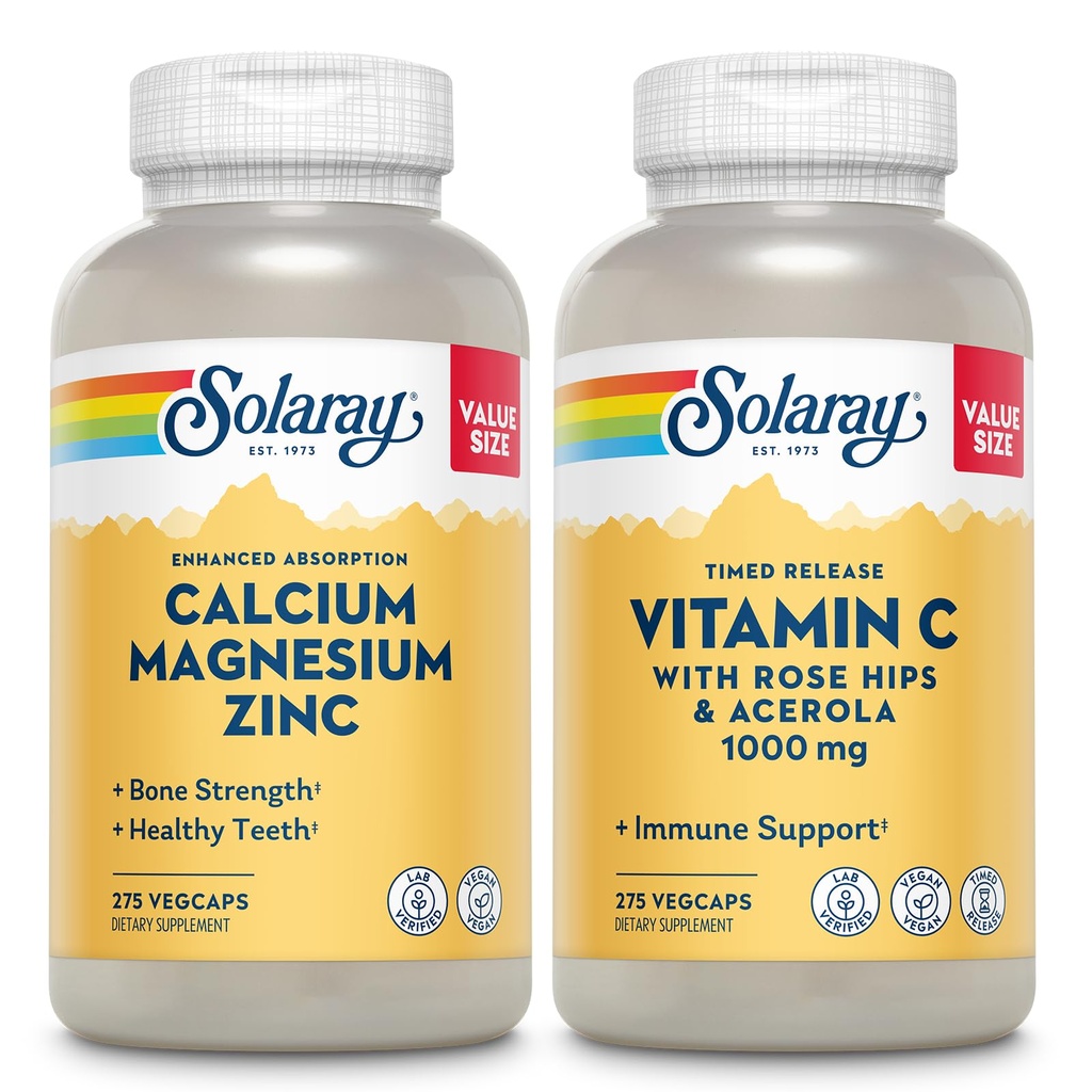 SOLARAY 镁锌钙和定时释放维生素C - 骨质健康,免疫支持包,1000mg 钙,500mg 镁,1000mg 维生素C 补充,Vegan,60天保障,275 Veg Caps 每人